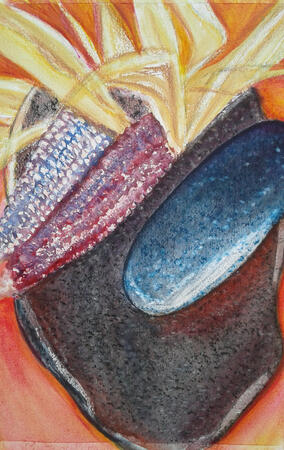 Water color painting of a metate and stone.